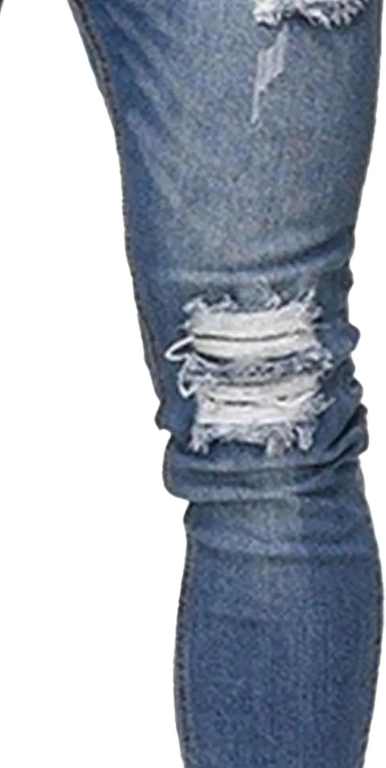 Men's Skinny Distressed Vintage Jeans Ripped Casual Outdoor Denim Pants Slim Fit Stretch Jeans Trouser
