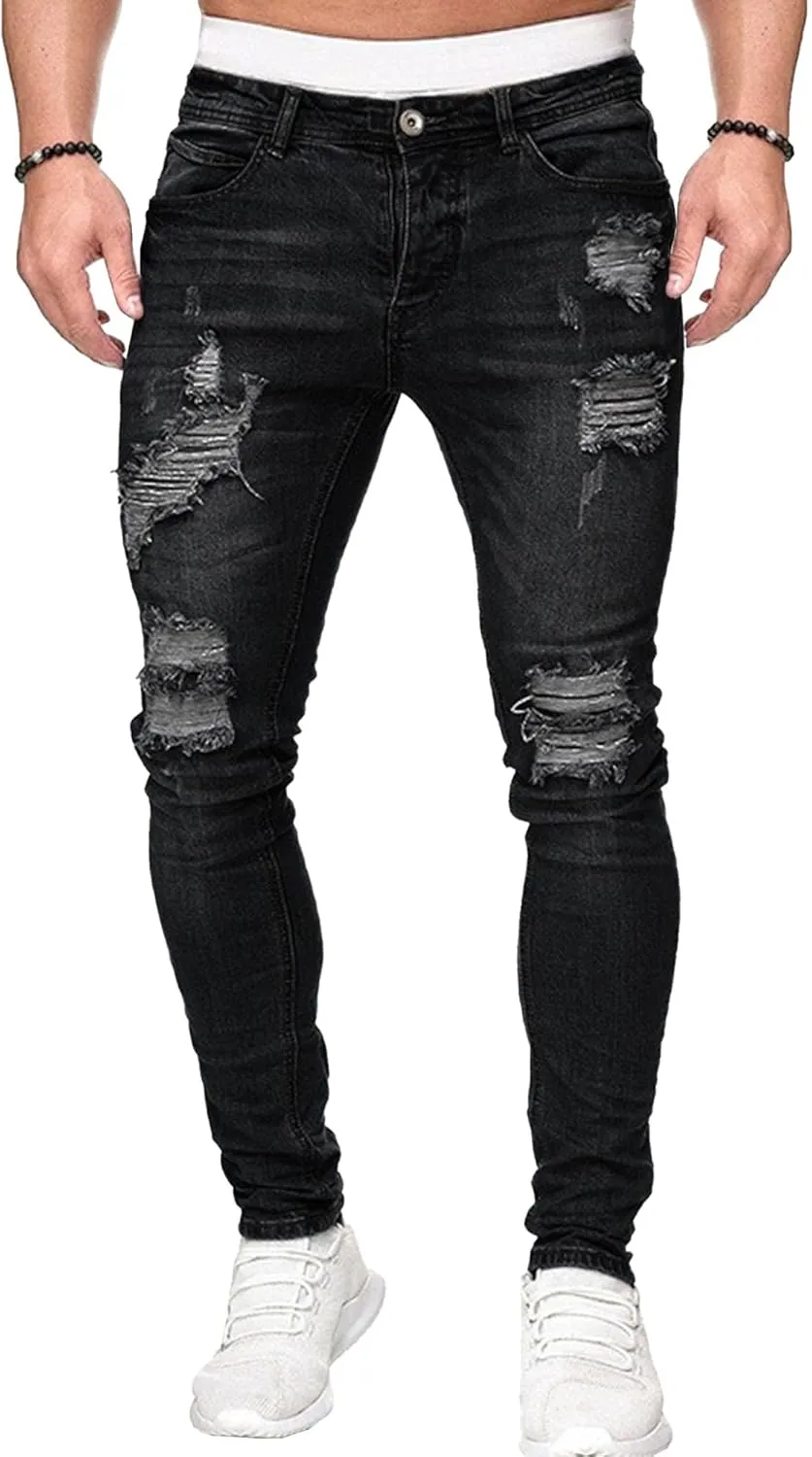 Men's Skinny Distressed Vintage Jeans Ripped Casual Outdoor Denim Pants Slim Fit Stretch Jeans Trouser