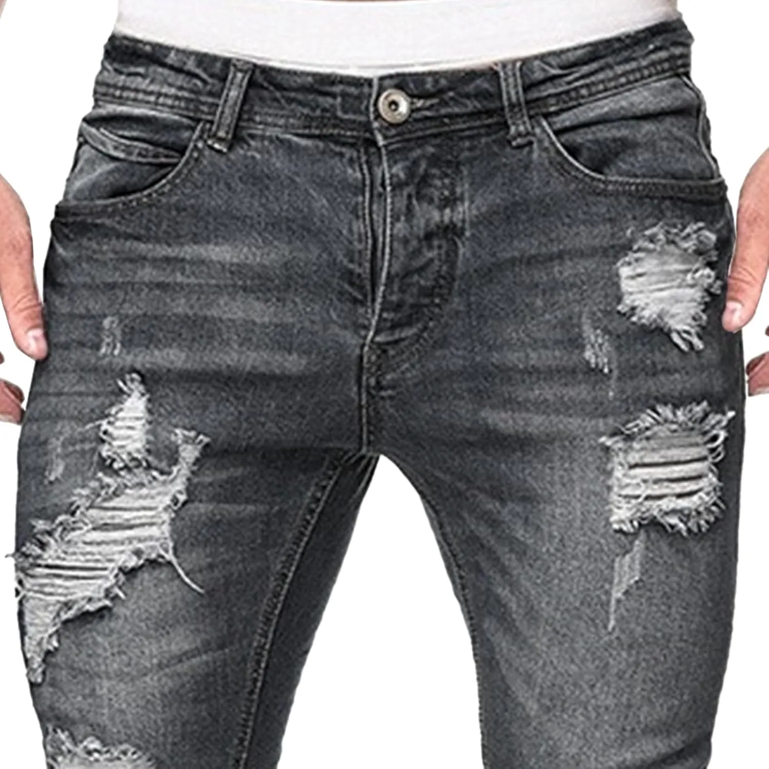 Men's Skinny Distressed Vintage Jeans Ripped Casual Outdoor Denim Pants Slim Fit Stretch Jeans Trouser
