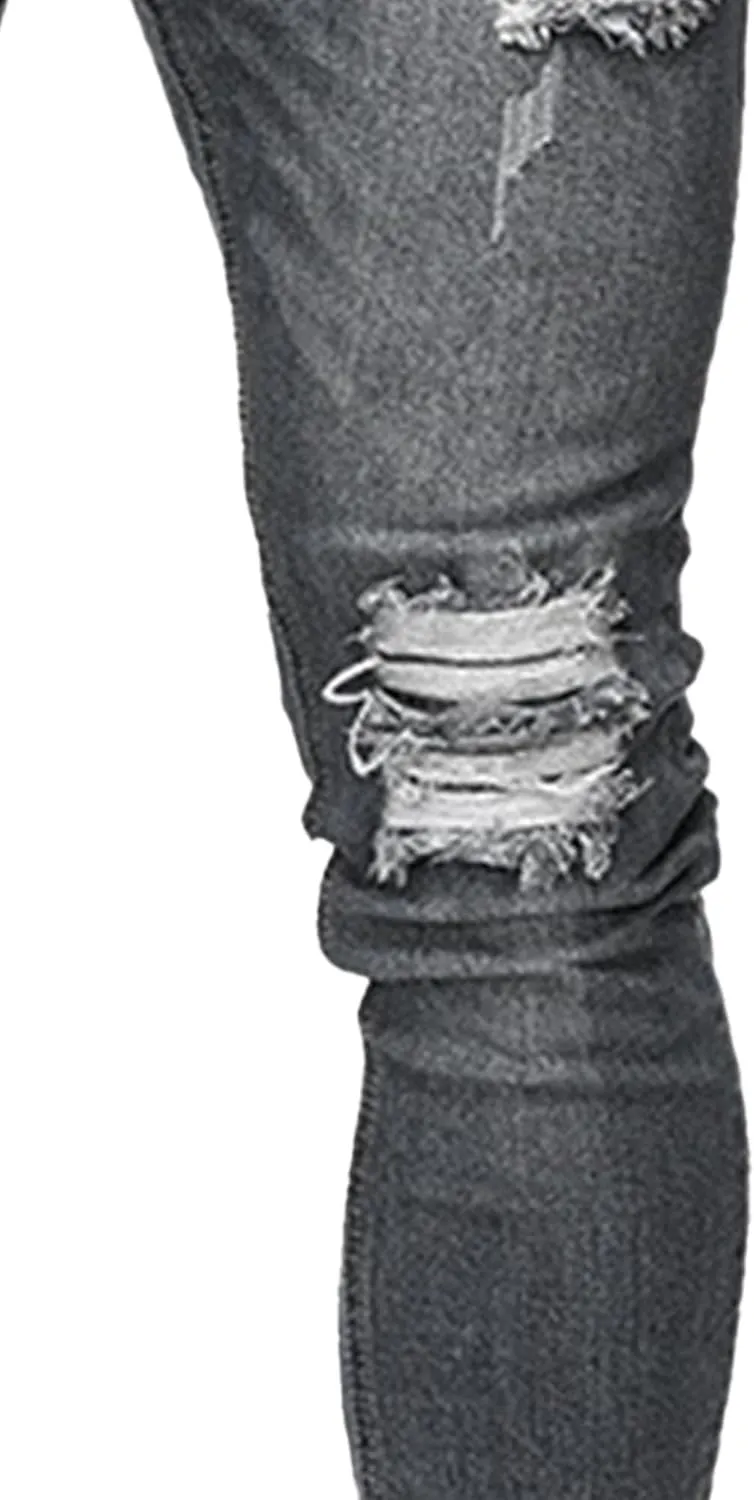 Men's Skinny Distressed Vintage Jeans Ripped Casual Outdoor Denim Pants Slim Fit Stretch Jeans Trouser