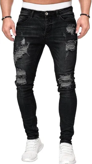 Men's Skinny Distressed Vintage Jeans Ripped Casual Outdoor Denim Pants Slim Fit Stretch Jeans Trouser