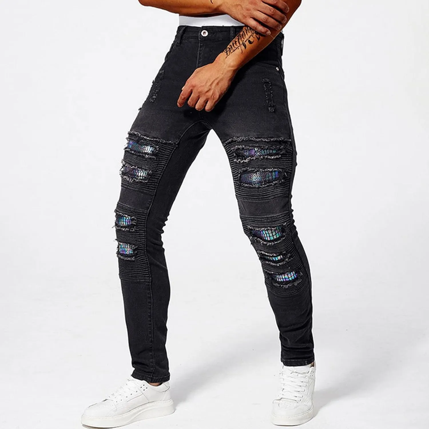Men's Slim Fit Jeans Stretch Destroyed Ripped Skinny Jeans Distressed Straight Denim Pants Casual Trousers Streetwear