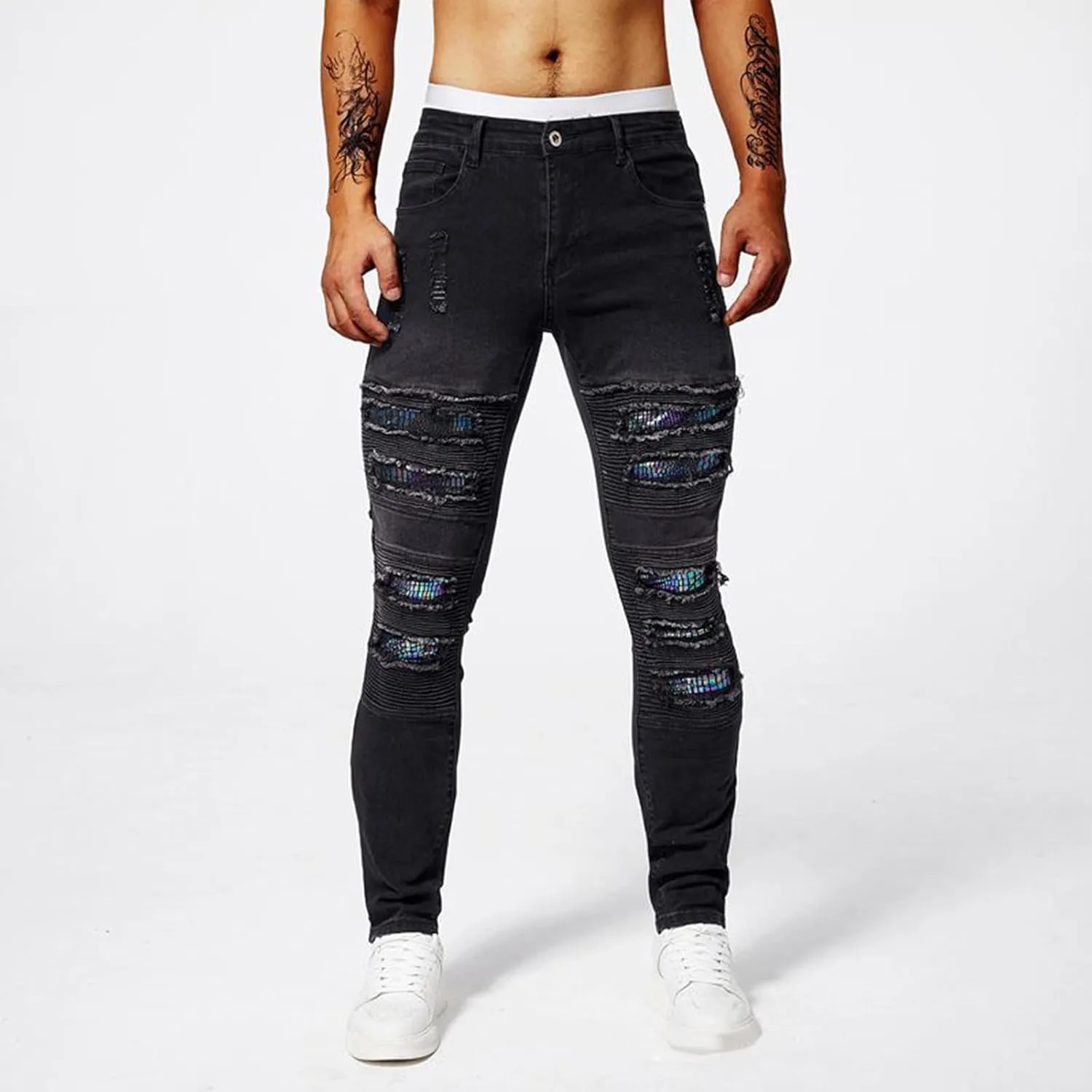 Men's Slim Fit Jeans Stretch Destroyed Ripped Skinny Jeans Distressed Straight Denim Pants Casual Trousers Streetwear