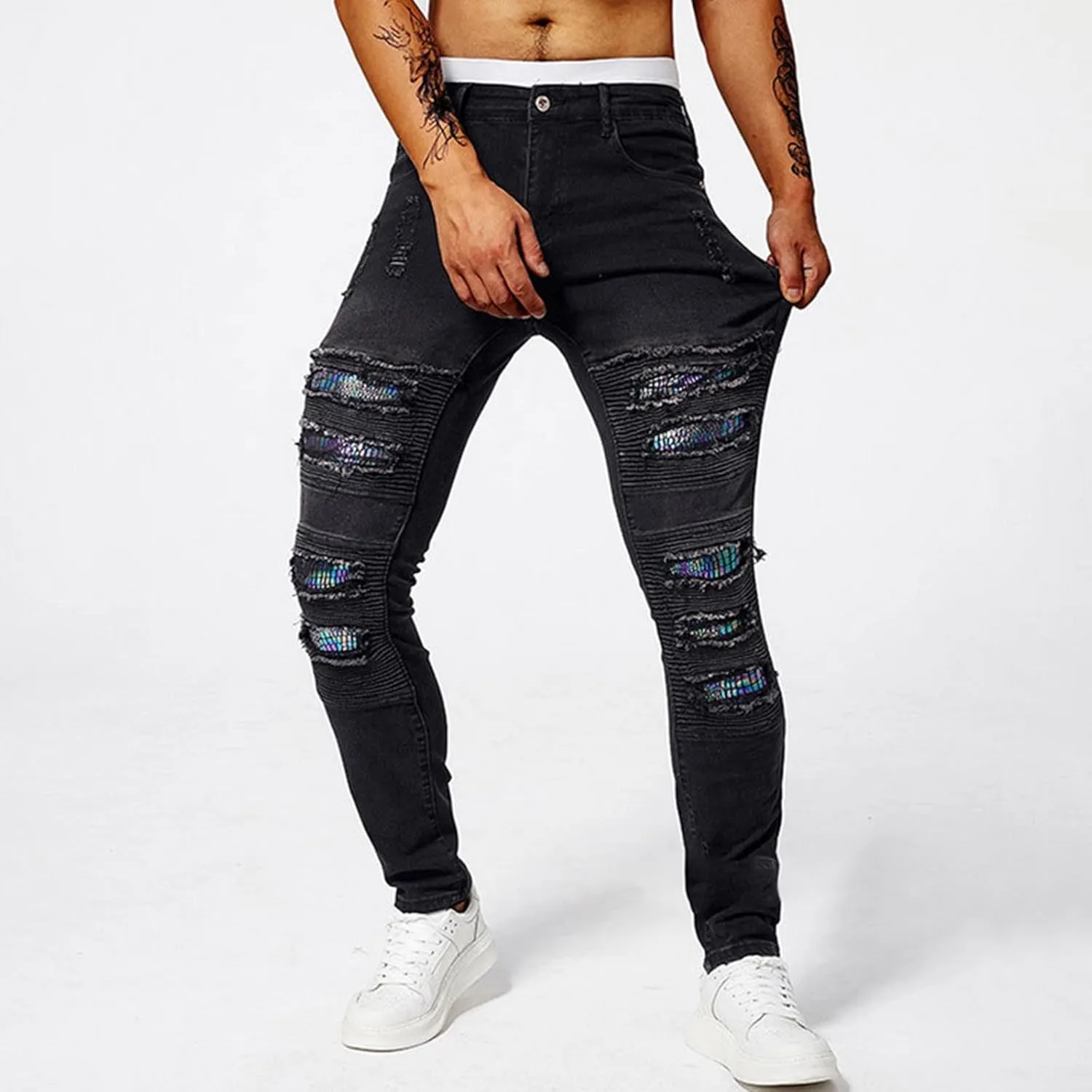 Men's Slim Fit Jeans Stretch Destroyed Ripped Skinny Jeans Distressed Straight Denim Pants Casual Trousers Streetwear