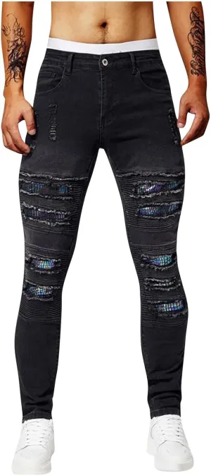 Men's Slim Fit Jeans Stretch Destroyed Ripped Skinny Jeans Distressed Straight Denim Pants Casual Trousers Streetwear