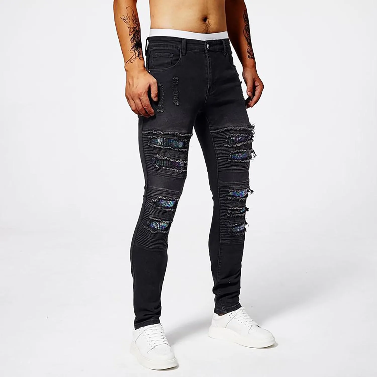 Men's Slim Fit Jeans Stretch Destroyed Ripped Skinny Jeans Distressed Straight Denim Pants Casual Trousers Streetwear