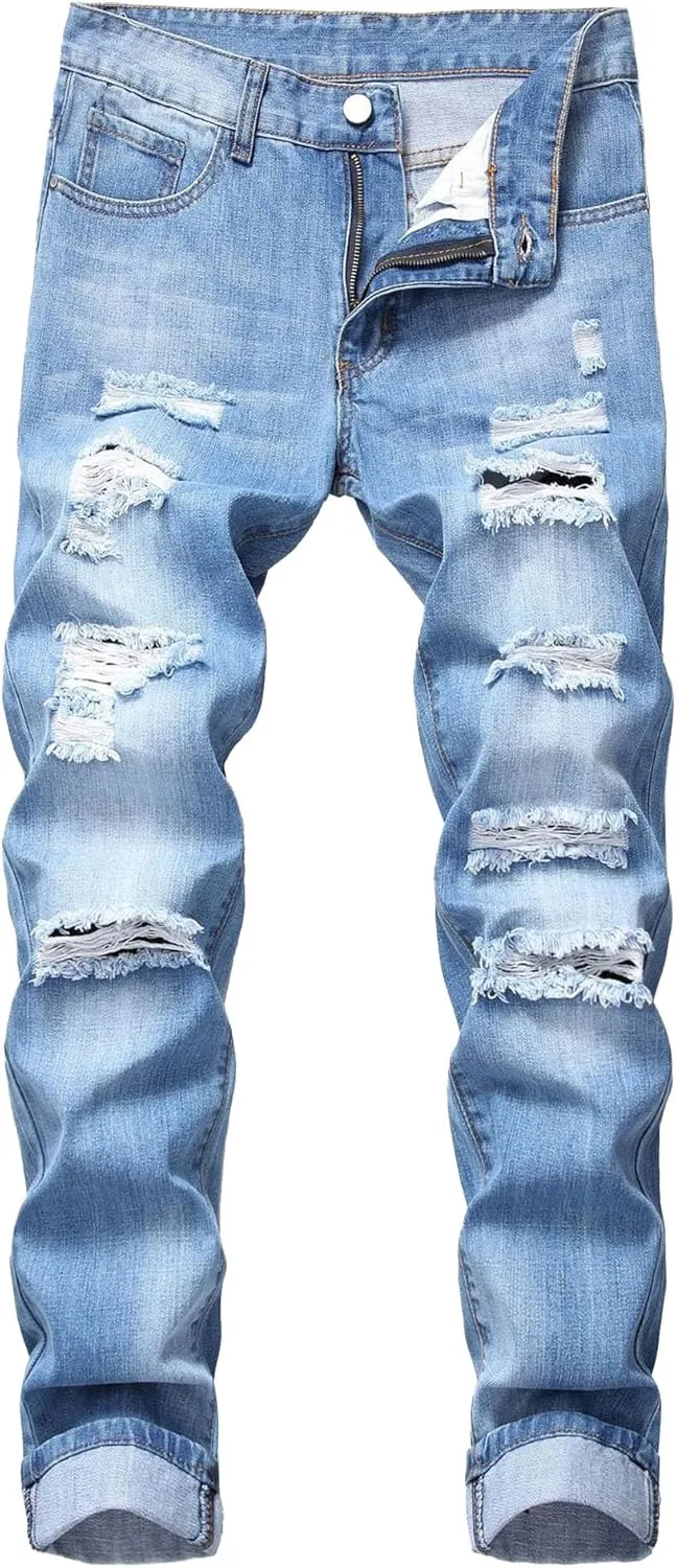 Men's Straight Leg Distressed Casual Jeans Ripped Comfort Outdoor Denim Pants Slim Fit Destroyed Jeans Trouser