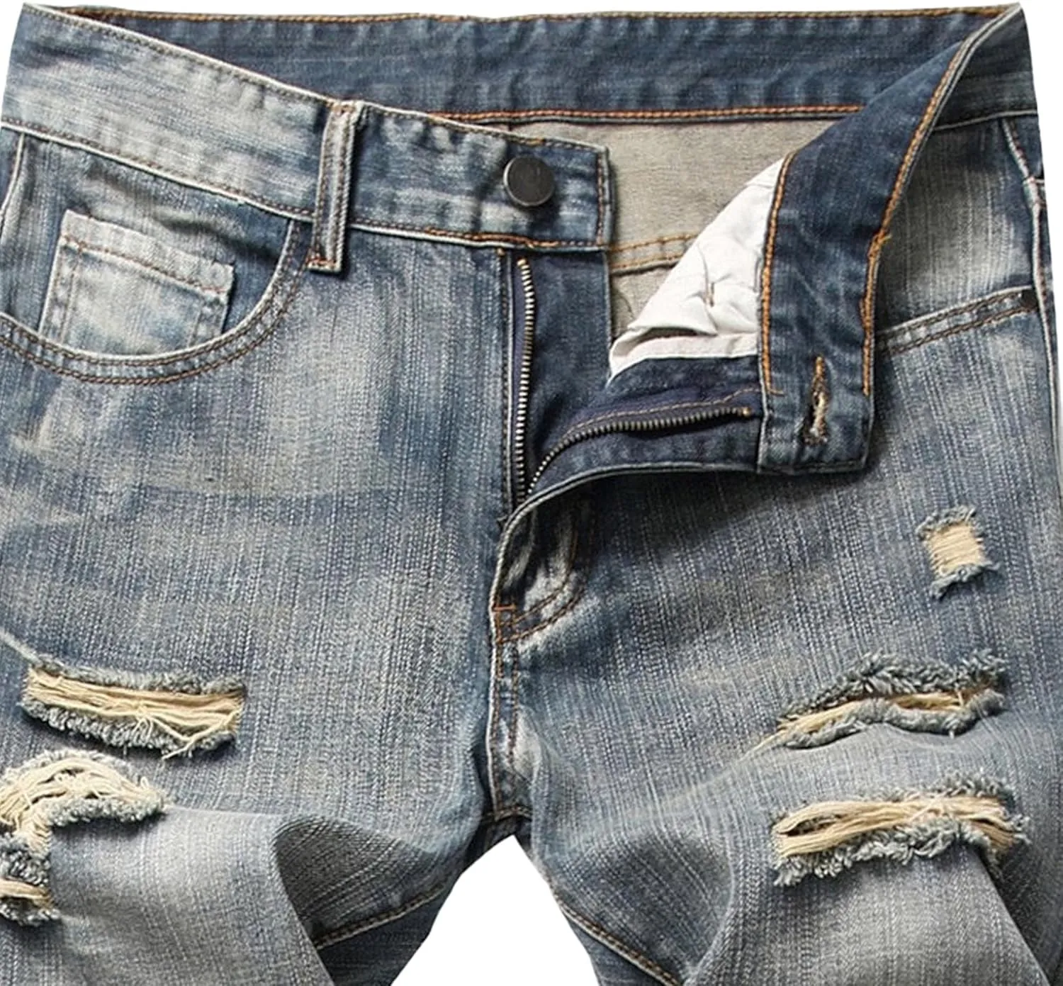 Men's Straight Leg Distressed Casual Jeans Ripped Comfort Outdoor Denim Pants Slim Fit Destroyed Jeans Trouser