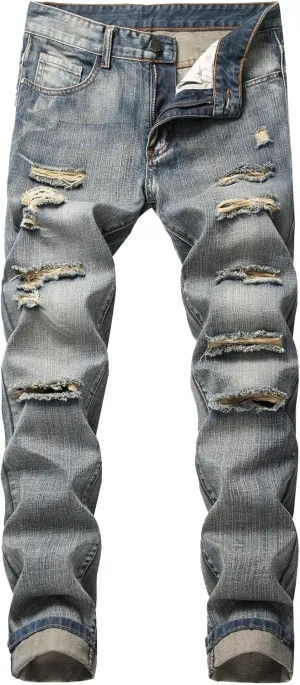 Men's Straight Leg Distressed Casual Jeans Ripped Comfort Outdoor Denim Pants Slim Fit Destroyed Jeans Trouser