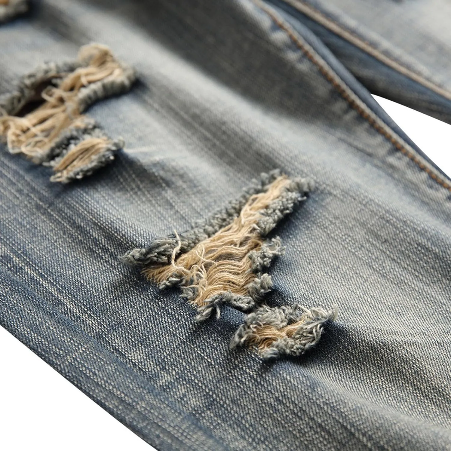 Men's Straight Leg Distressed Casual Jeans Ripped Comfort Outdoor Denim Pants Slim Fit Destroyed Jeans Trouser