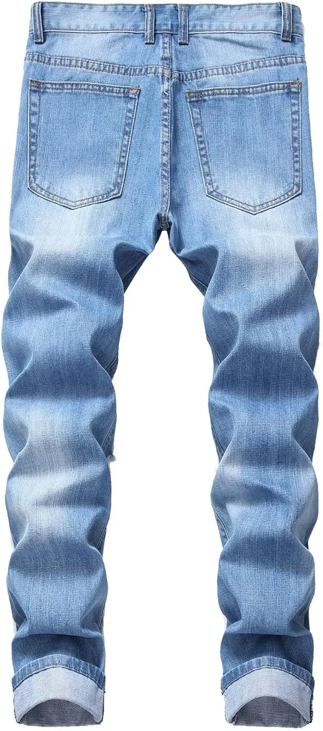 Men's Straight Leg Distressed Casual Jeans Ripped Comfort Outdoor Denim Pants Slim Fit Destroyed Jeans Trouser