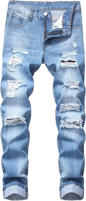 Men's Straight Leg Distressed Casual Jeans Ripped Comfort Outdoor Denim Pants Slim Fit Destroyed Jeans Trouser