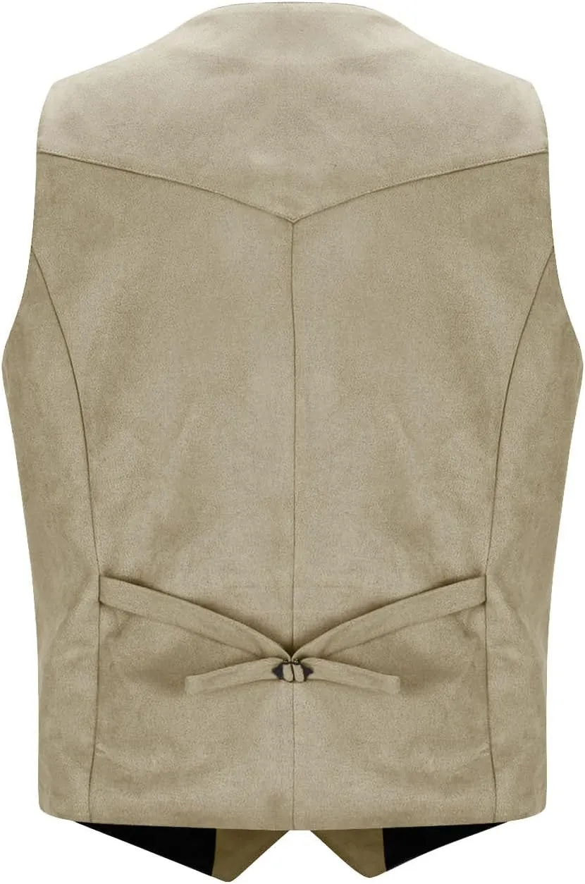 Men's Suede Leather Waistcoats Vintage Cowboy Style Vest Dressy Slim Fit Sleeveless Suit Jacket Wedding,Outdoor,Gift