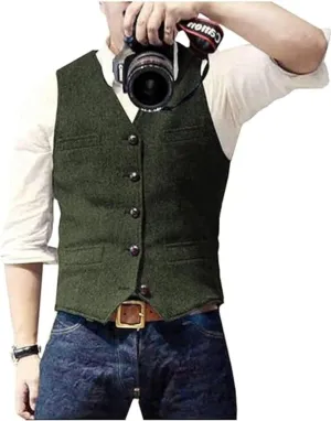 Men's Suit Vests Wool Tweed Vest V Neck Slim Fit Waistcoat Formal Business Retro for Wedding