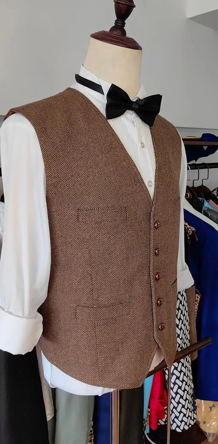 Men's Suit Vests Wool Tweed Vest V Neck Slim Fit Waistcoat Formal Business Retro for Wedding