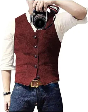 Men's Suit Vests Wool Tweed Vest V Neck Slim Fit Waistcoat Formal Business Retro for Wedding