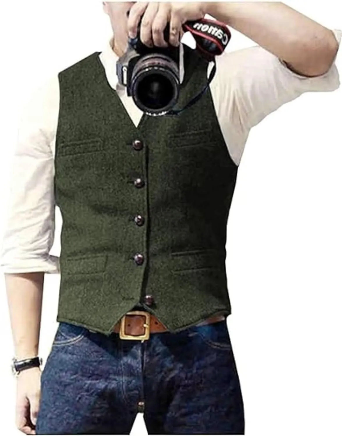 Men's Suit Vests Wool Tweed Vest V Neck Slim Fit Waistcoat Formal Business Retro for Wedding