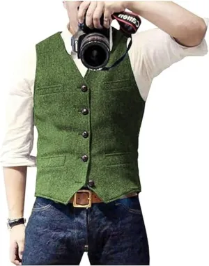 Men's Suit Vests Wool Tweed Vest V Neck Slim Fit Waistcoat Formal Business Retro for Wedding