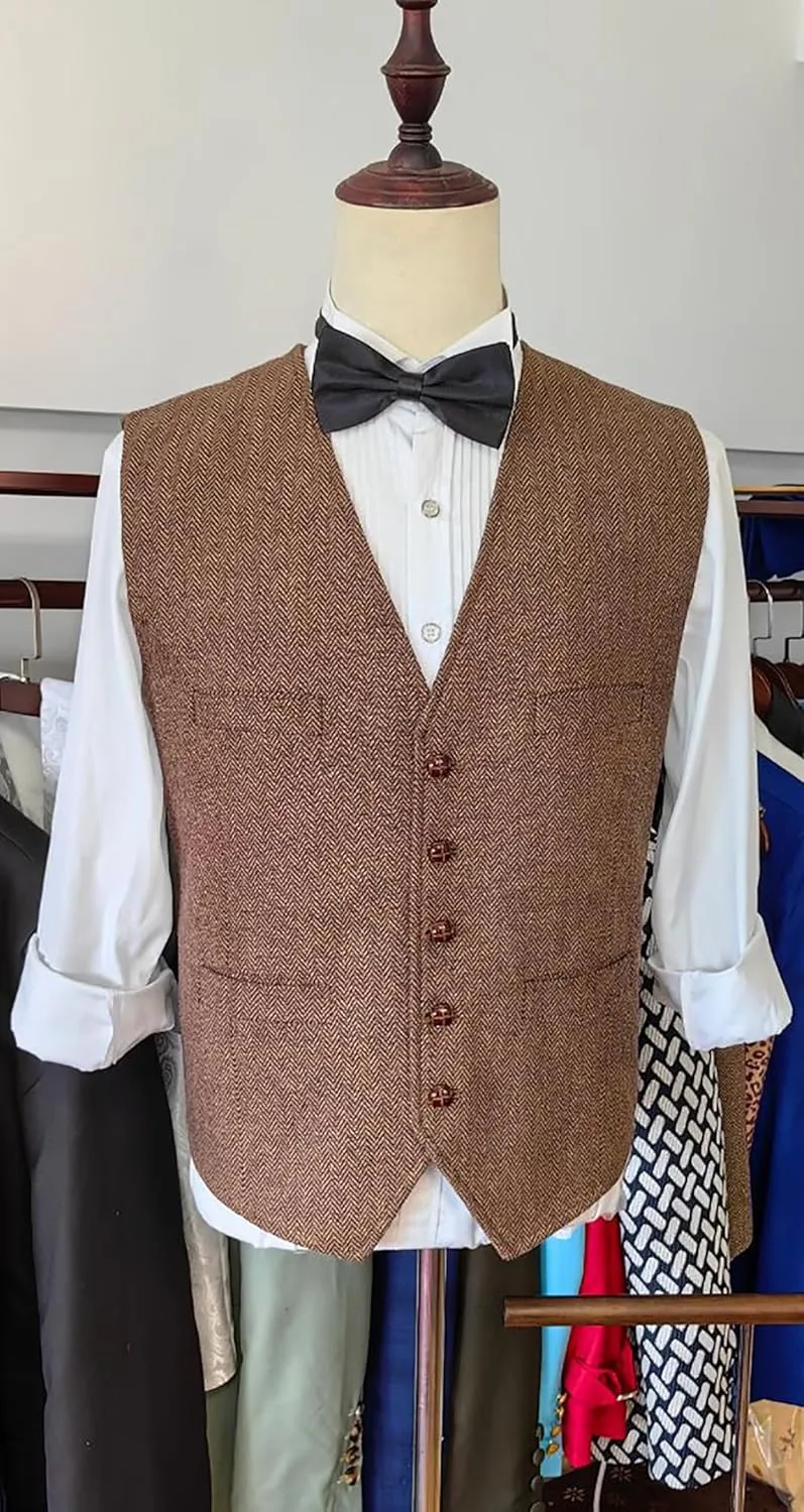 Men's Suit Vests Wool Tweed Vest V Neck Slim Fit Waistcoat Formal Business Retro for Wedding
