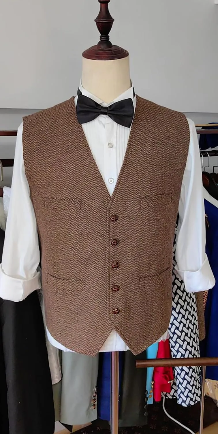 Men's Suit Vests Wool Tweed Vest V Neck Slim Fit Waistcoat Formal Business Retro for Wedding