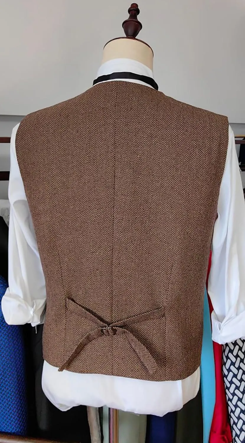 Men's Suit Vests Wool Tweed Vest V Neck Slim Fit Waistcoat Formal Business Retro for Wedding