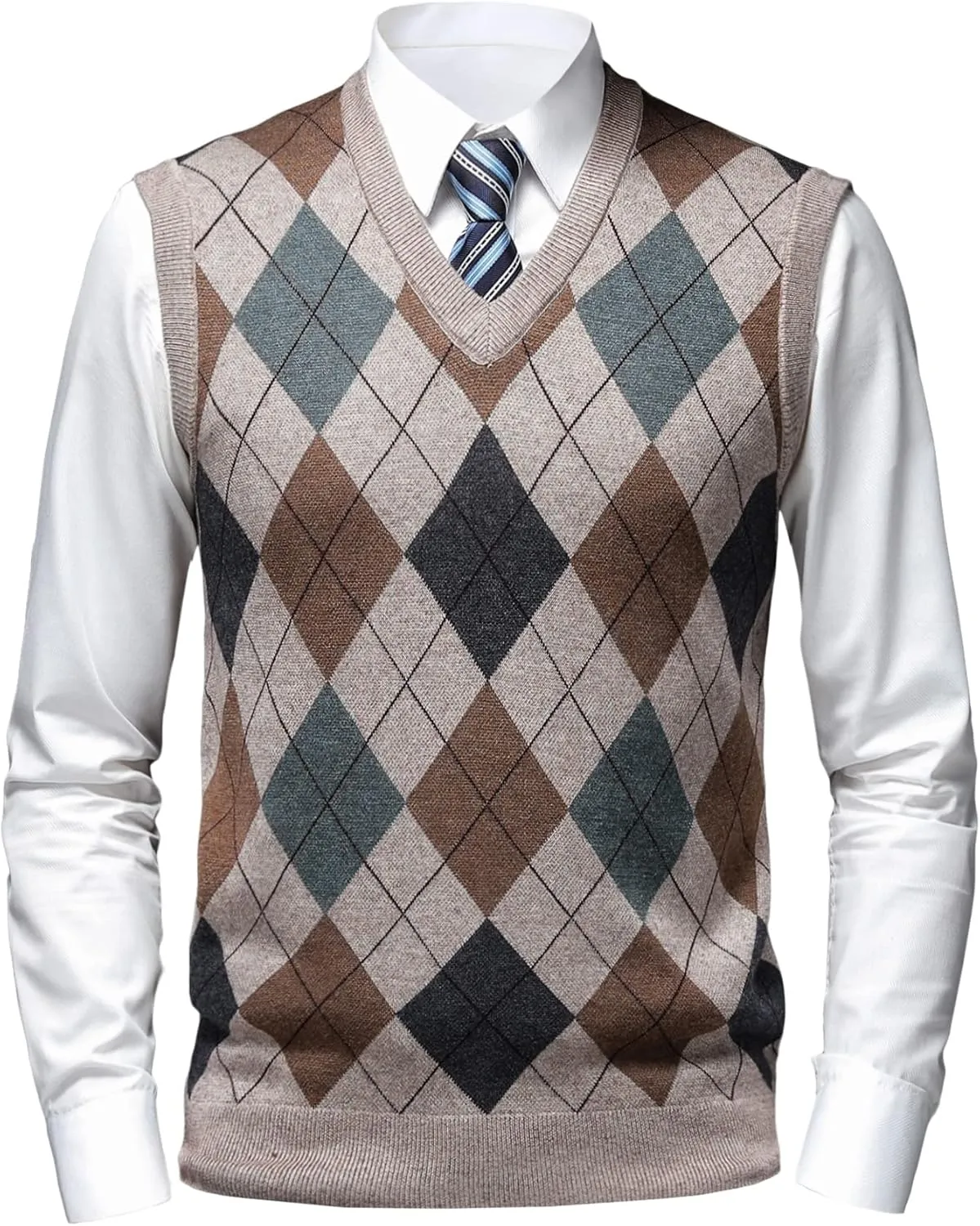 Mens Thick Argyle Sweater Vests Classic V-Neck Knitwear Sleeveless Pullover Autumn Winter Warm Tank Tops