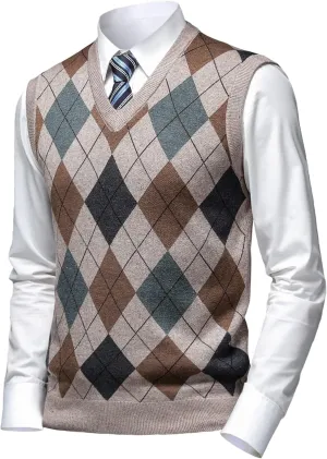 Mens Thick Argyle Sweater Vests Classic V-Neck Knitwear Sleeveless Pullover Autumn Winter Warm Tank Tops