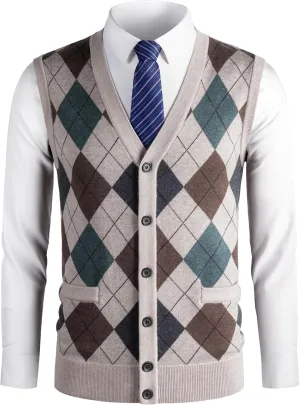 Mens Thick Argyle Sweater Vests Classic V-Neck Knitwear Sleeveless Pullover Autumn Winter Warm Tank Tops