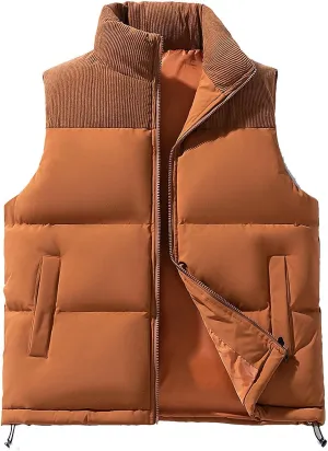 Mens Thick Corduroy Puffer Vest Coats Cotton Padded Outdoor Windproof Sleeveless Jacket Fashion Winter Warm Vests