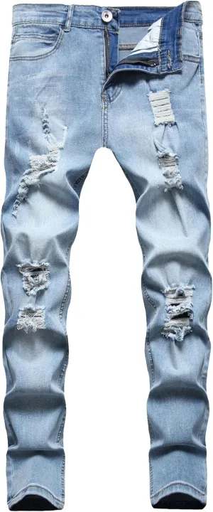 Men's Vintage Slim Fit Destroyed Jeans Distressed Ripped Casual Denim Pants Straight Leg Comfort Jeans Trouser