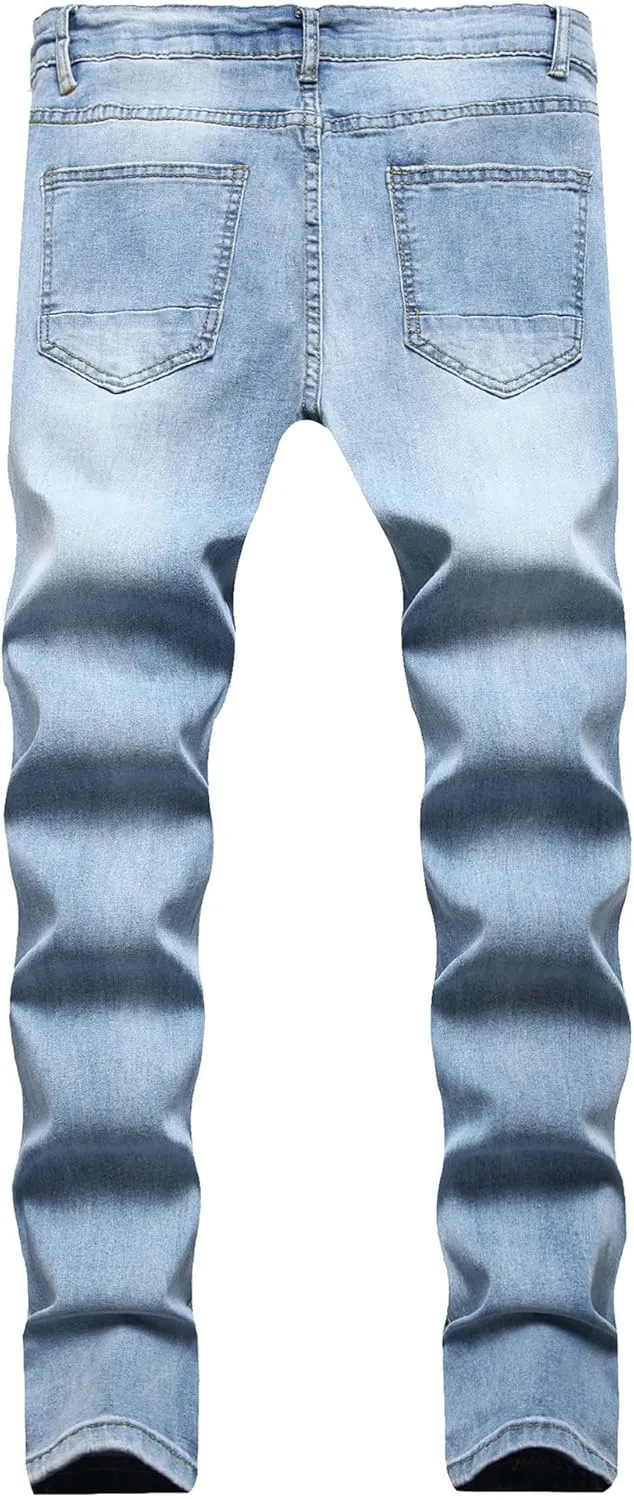 Men's Vintage Slim Fit Destroyed Jeans Distressed Ripped Casual Denim Pants Straight Leg Comfort Jeans Trouser