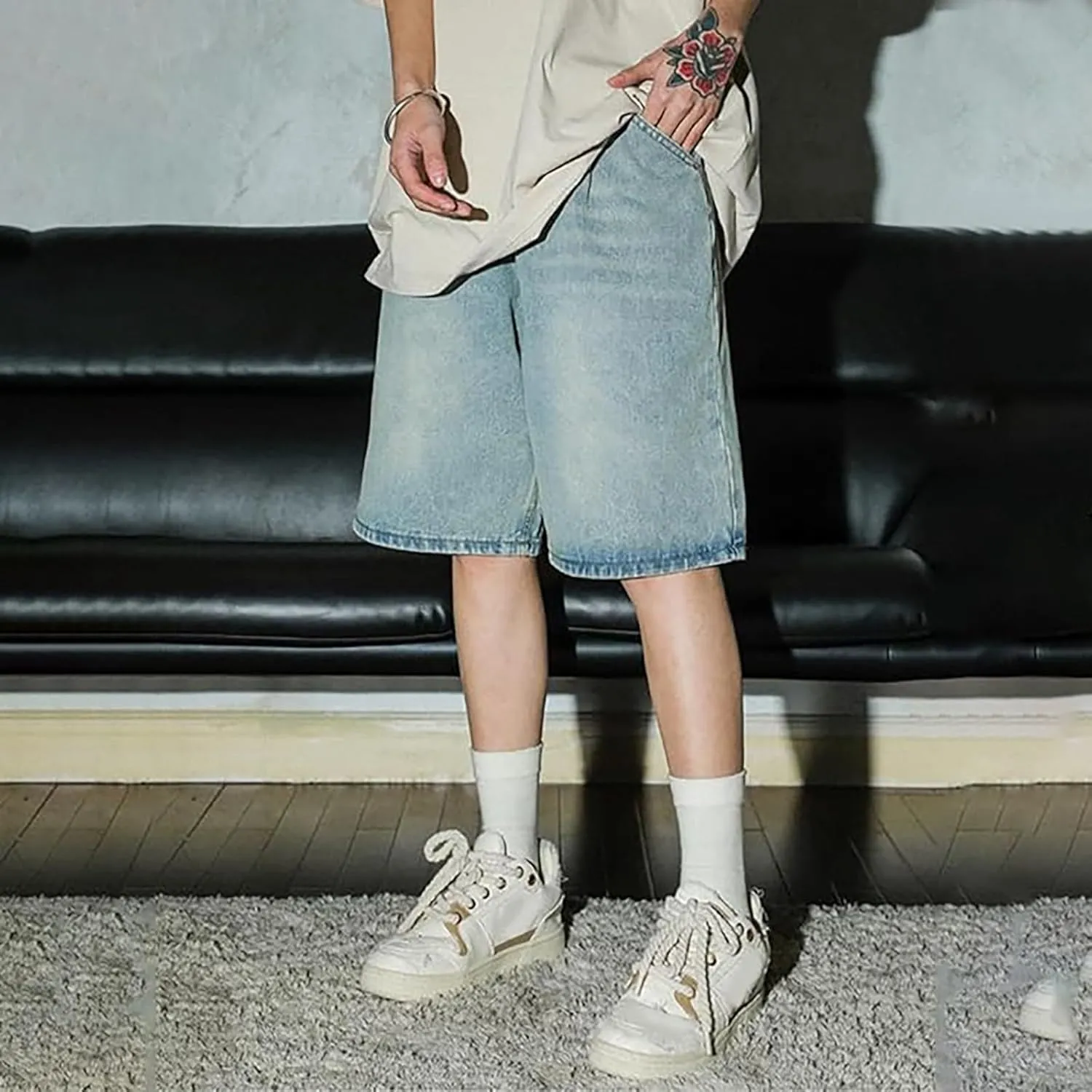 Men's Wide Leg Y2K Hip Hop Mid Jean Shorts Baggy Denim Shorts with Pockets Aesthetic Pants Streetwear Clothes