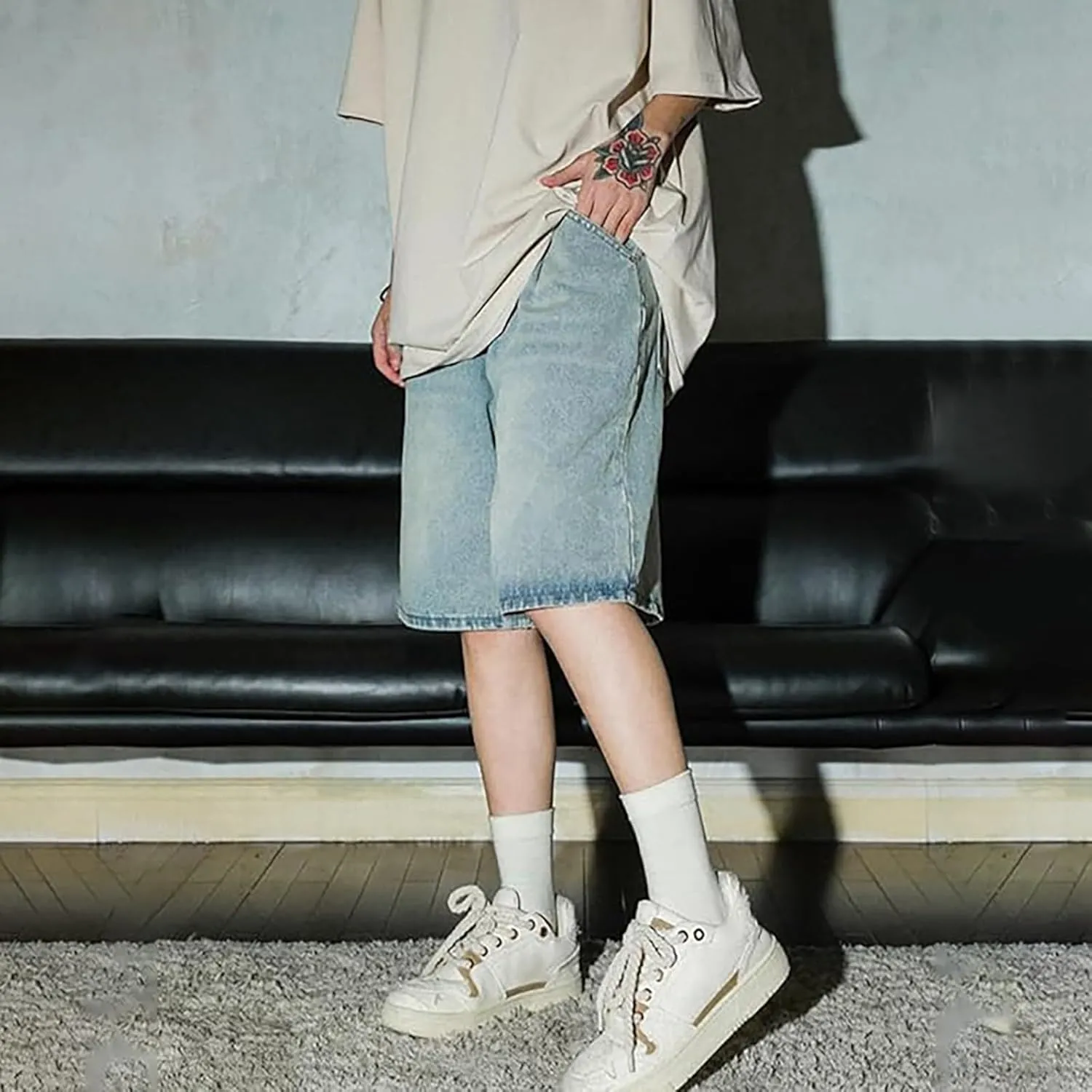 Men's Wide Leg Y2K Hip Hop Mid Jean Shorts Baggy Denim Shorts with Pockets Aesthetic Pants Streetwear Clothes