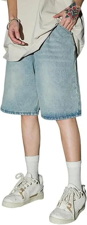 Men's Wide Leg Y2K Hip Hop Mid Jean Shorts Baggy Denim Shorts with Pockets Aesthetic Pants Streetwear Clothes