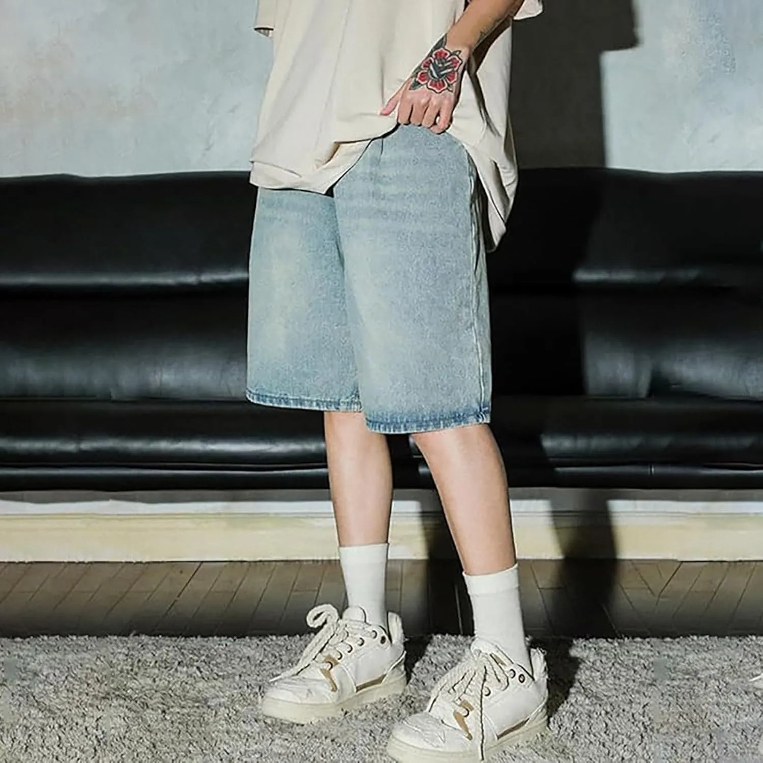 Men's Wide Leg Y2K Hip Hop Mid Jean Shorts Baggy Denim Shorts with Pockets Aesthetic Pants Streetwear Clothes