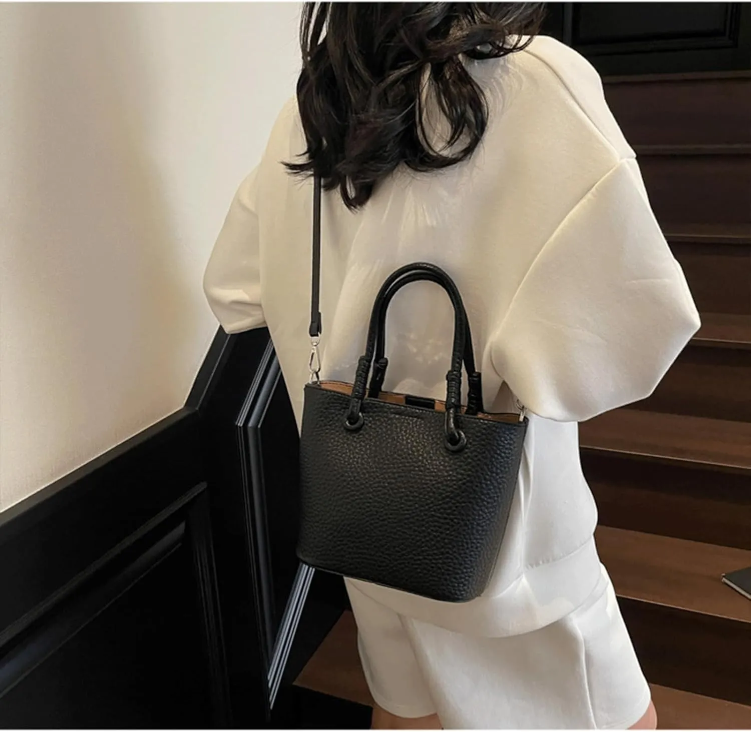 Mini Bucket Bag Pebbled Leather Bucket Purse Vintage Purse Bag with Top Handles Handbag Shoulder Crossbody Handbag