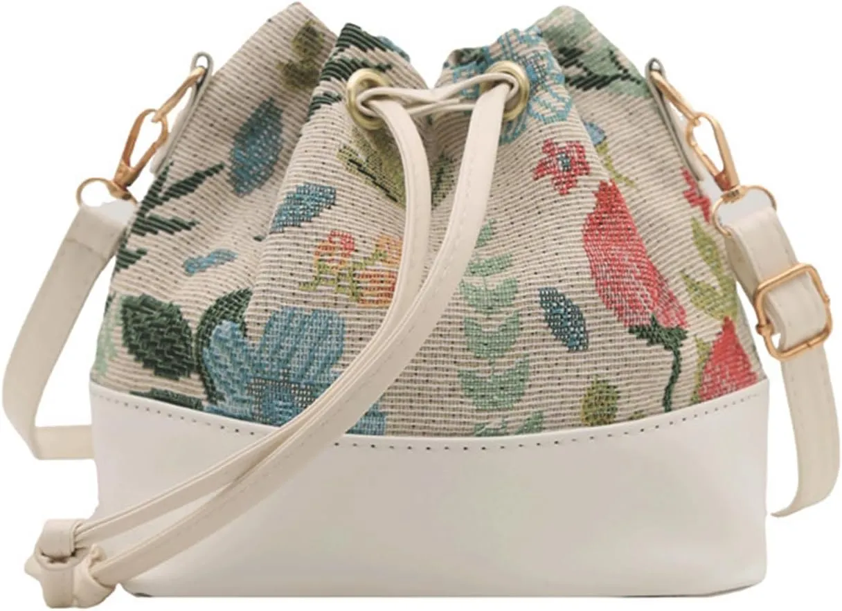 Mini Bucket Bag Vintage Floral Print Bucket Purse with Leather Drawstring Closure Purse Bag Small Crossbody Shoulder Handbag
