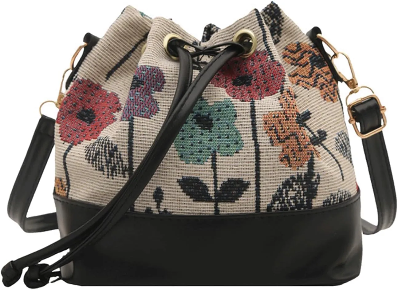 Mini Bucket Bag Vintage Floral Print Bucket Purse with Leather Drawstring Closure Purse Bag Small Crossbody Shoulder Handbag
