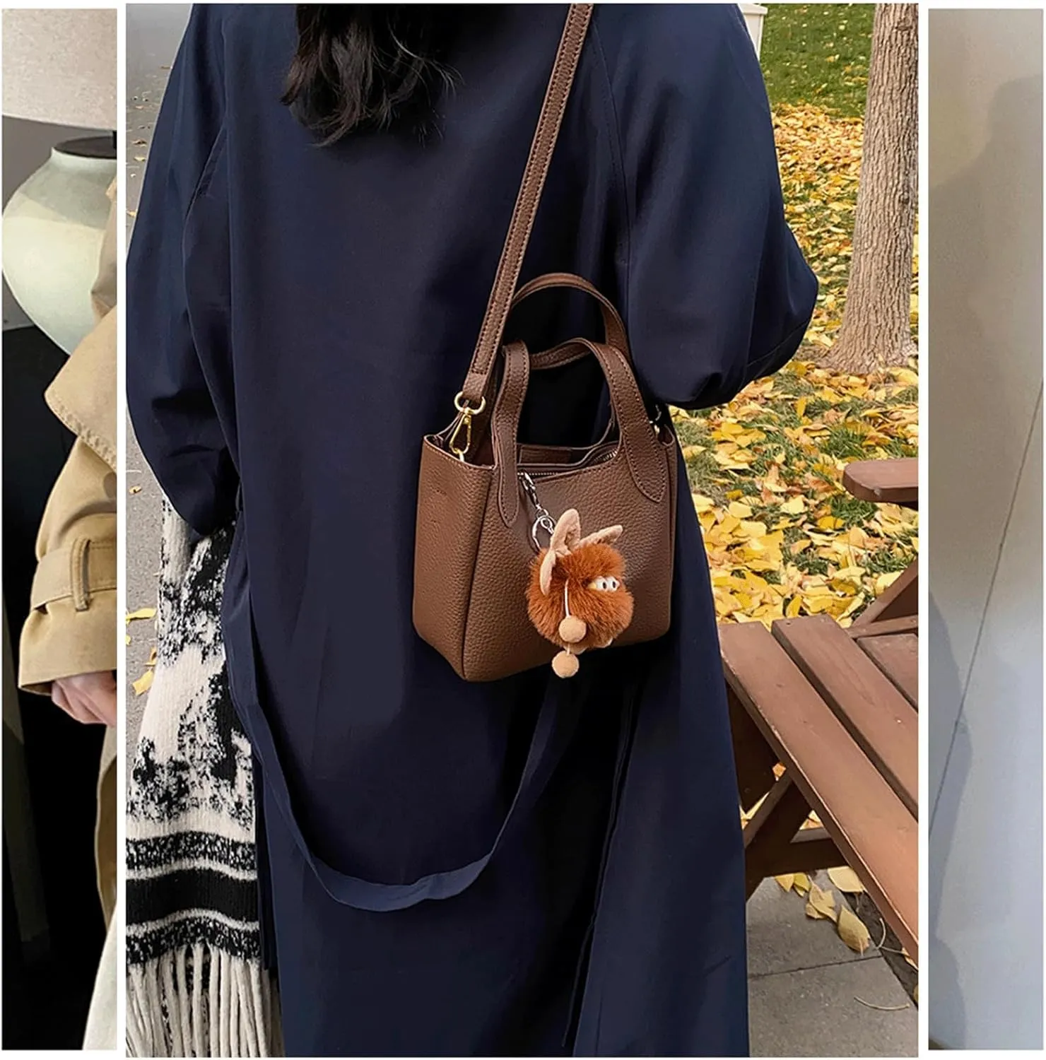 Mini Bucket Bag Vintage Handbag with Plush Charm Bucket Purses Leather Crossbody Purse Bag for Women