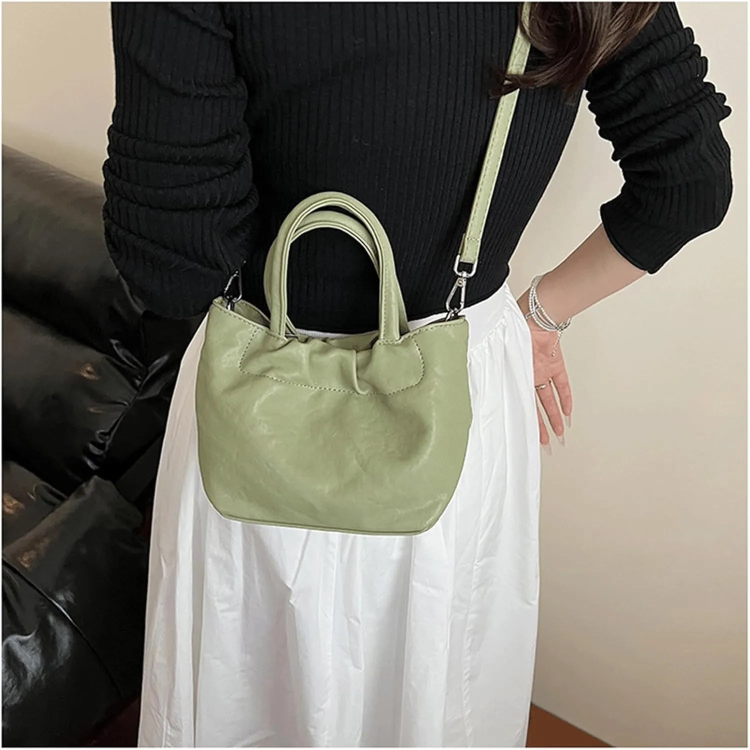 Mini Bucket Bag Vintage Soft Leather Bucket Purse with Top Handles Shoulder Handbag Crossbody Purse Bag