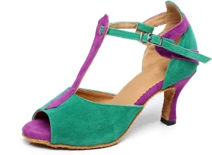 Minishion QJ6212 Women's Buckle T-Strap Green Satin Ballroom Dance Shoes 5 M US