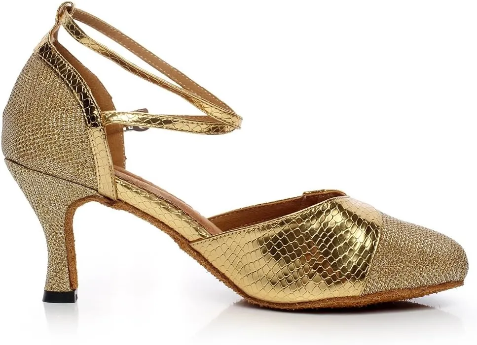 Minishion QJ6227 Women's Color Block Satin Latin Salsa Dance Shoes