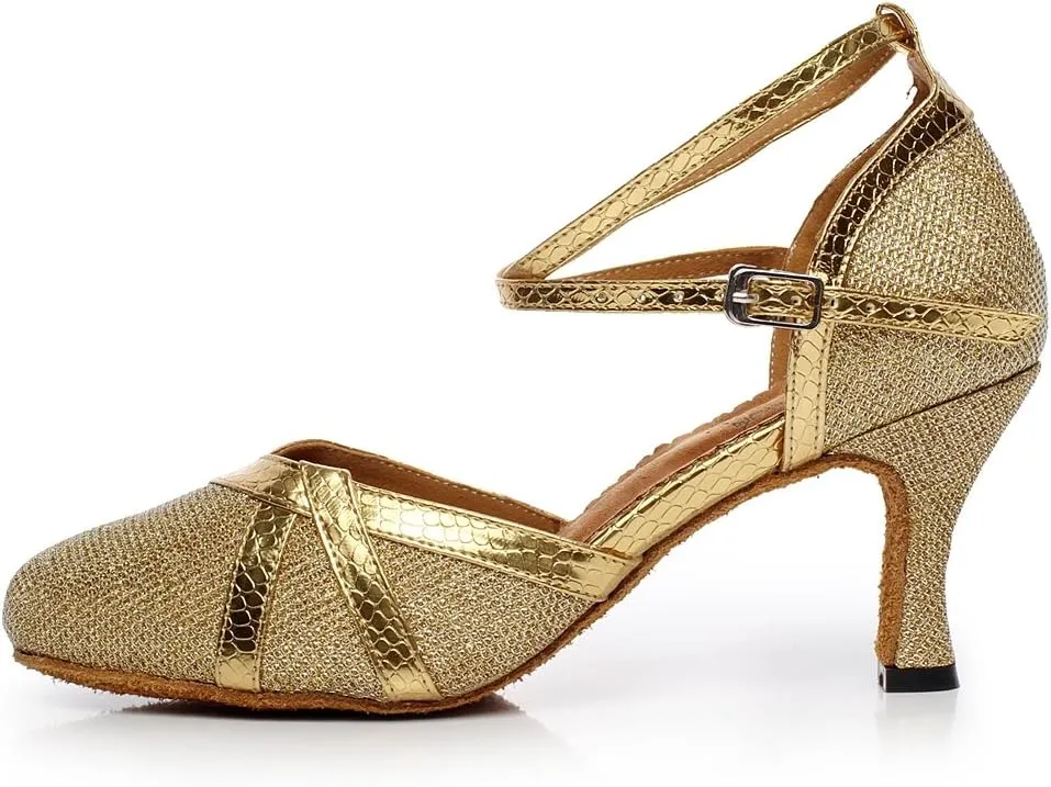 Minishion QJ6227 Women's Color Block Satin Latin Salsa Dance Shoes