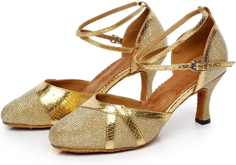 Minishion QJ6227 Women's Color Block Satin Latin Salsa Dance Shoes