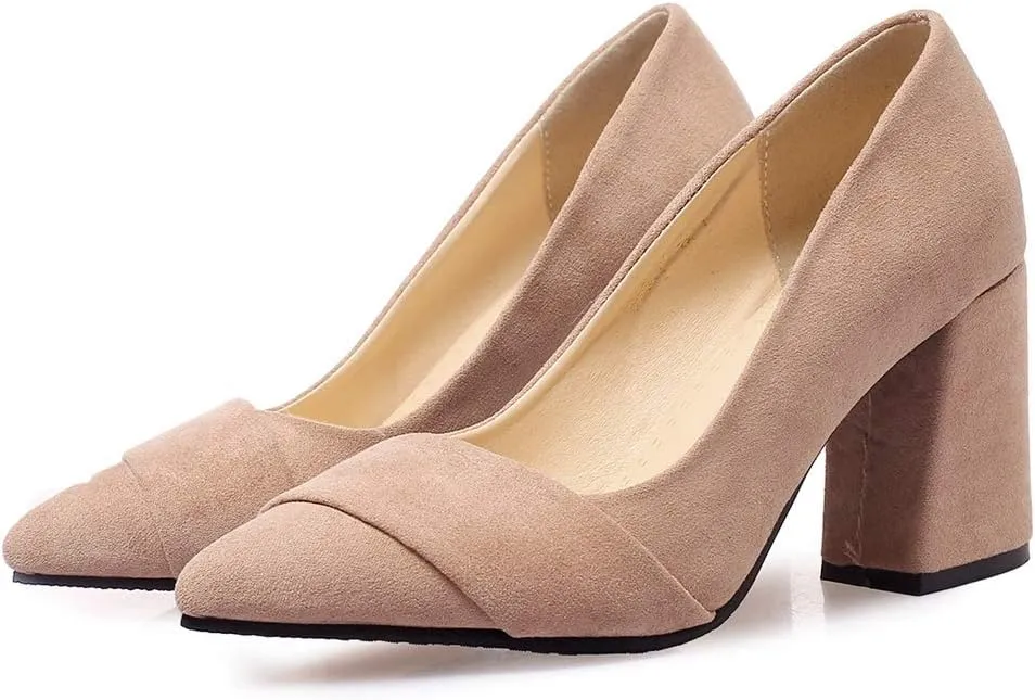 MIOKE Women's Chunky Block Mid Heel Pumps Pointed Toe Buckle Suede Slip-On Casual Work Office Dress Shoes