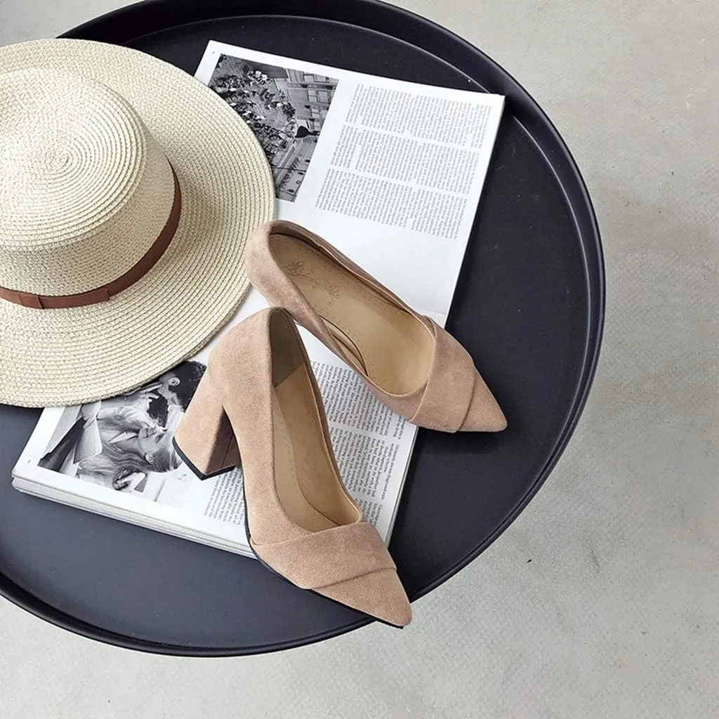 MIOKE Women's Chunky Block Mid Heel Pumps Pointed Toe Buckle Suede Slip-On Casual Work Office Dress Shoes