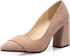 MIOKE Women's Chunky Block Mid Heel Pumps Pointed Toe Buckle Suede Slip-On Casual Work Office Dress Shoes