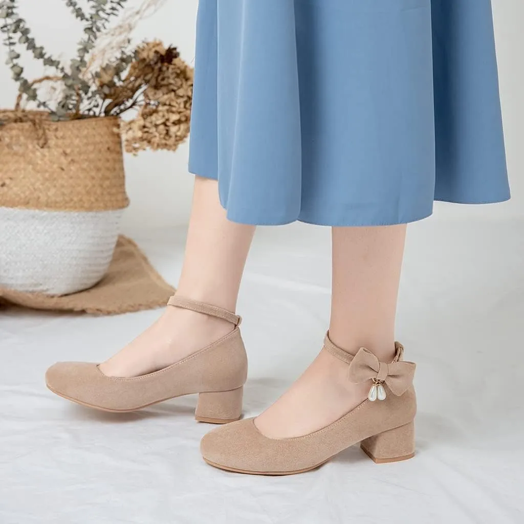 MIOKE Women's Chunky Mid Heel Dress Pumps Square Toe Buckle Suede Slip-On Comfort Casual Office Work Shoes