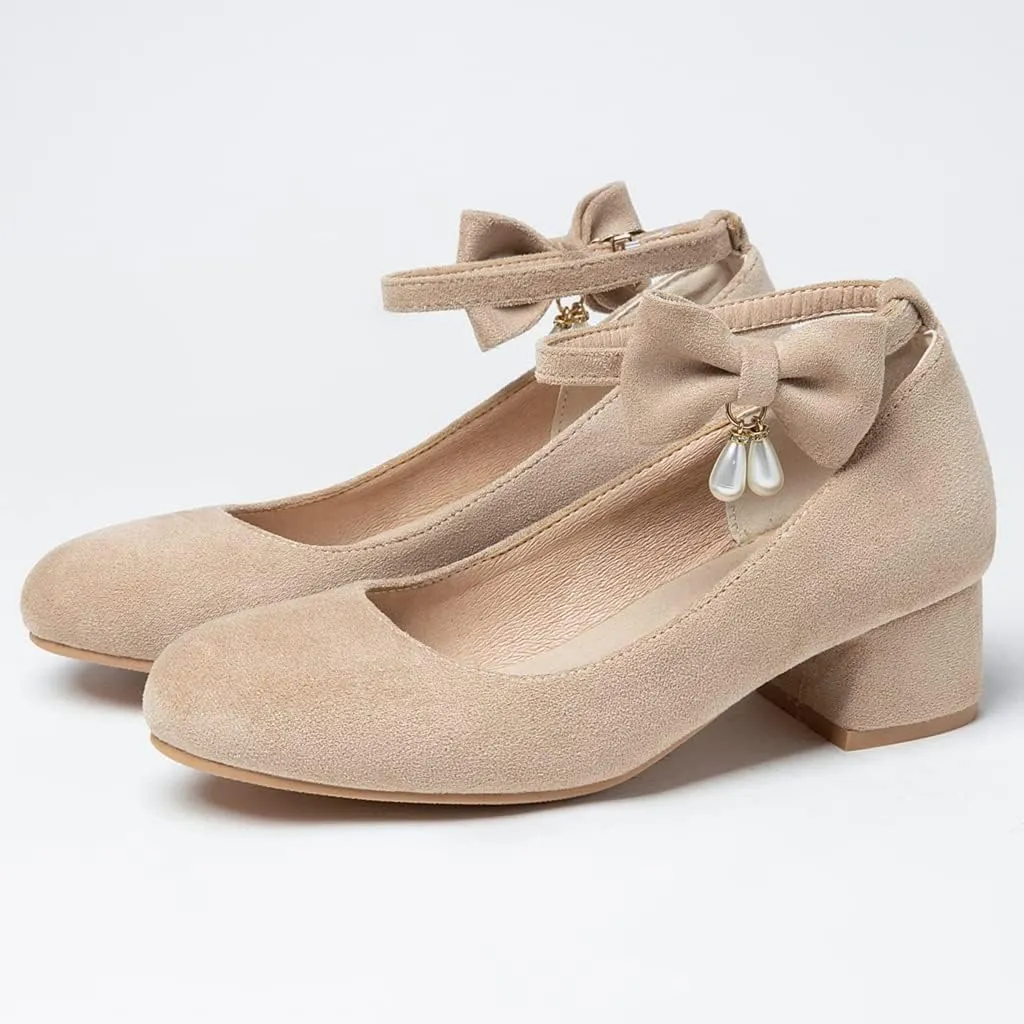 MIOKE Women's Chunky Mid Heel Dress Pumps Square Toe Buckle Suede Slip-On Comfort Casual Office Work Shoes