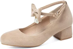 MIOKE Women's Chunky Mid Heel Dress Pumps Square Toe Buckle Suede Slip-On Comfort Casual Office Work Shoes